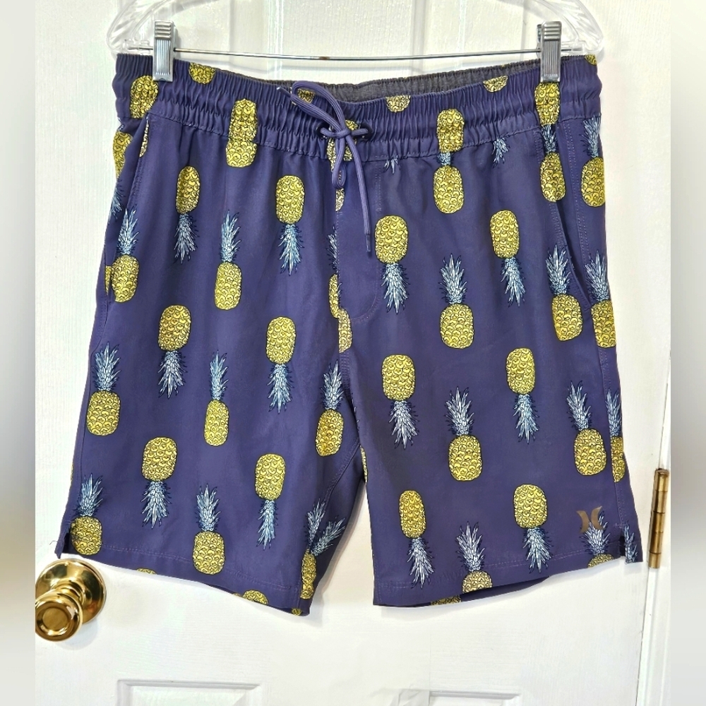 Hurley Blue and Yellow Board Shorts with Pineapple Print Size Medium